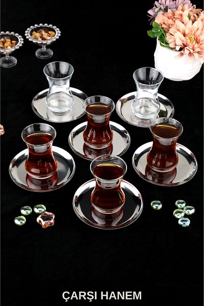 ÇARŞI HANEM Round 6 Pieces of Silver Stainless Steel Round Snack Presentation Set Tea Cup Coffee Side 12cm