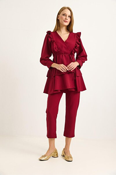 Raneel Kazançlı Alışveriş Frilly Rope Belted Tunic Double Suit Burgundy