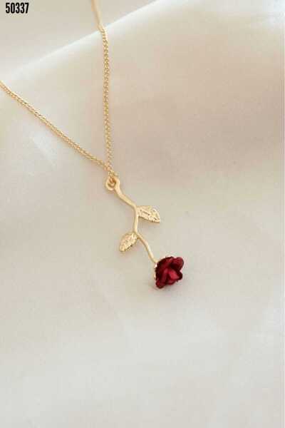 Cbm Women's Short-Sleeved Square Collar Short Detailed Pocket Diving Suit Red Rose Figure Necklace Gift