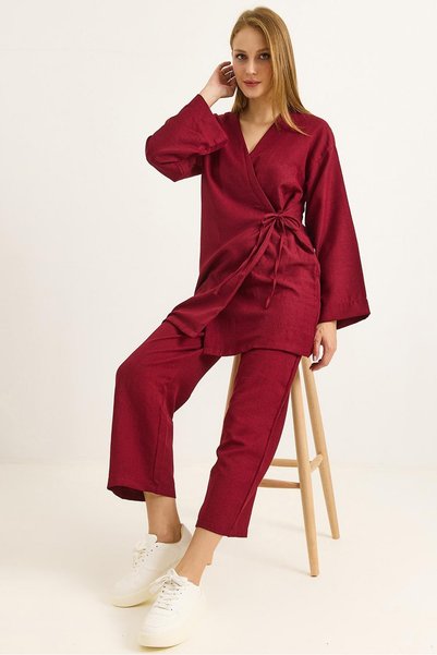 Raneel Kazançlı Alışveriş Side Tie Kimono Trousers Double Set Claret Red