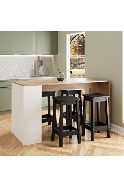 Bimossa Edgar G4811 4 Adet Siyah Tabureli Mutfak Adası 160cm Ahşap Beyaz Çok Amaçlı Karşılıklı Oturmalı Masa