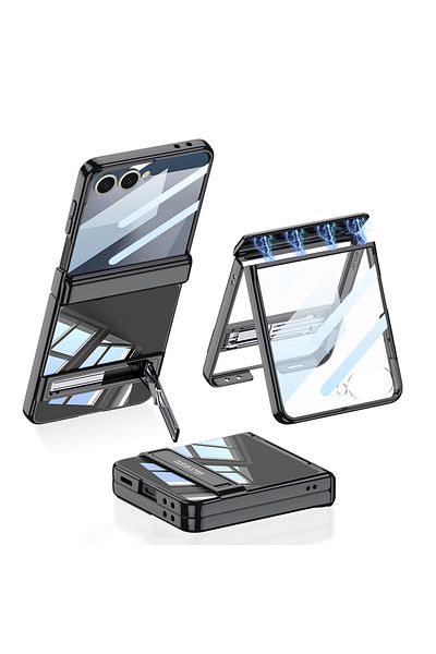 m.tk moveteck Samsung Galaxy Z Flip 7 Case L Stand Magnetic Colorful Edge Transparent Back Cover with Camera Protection