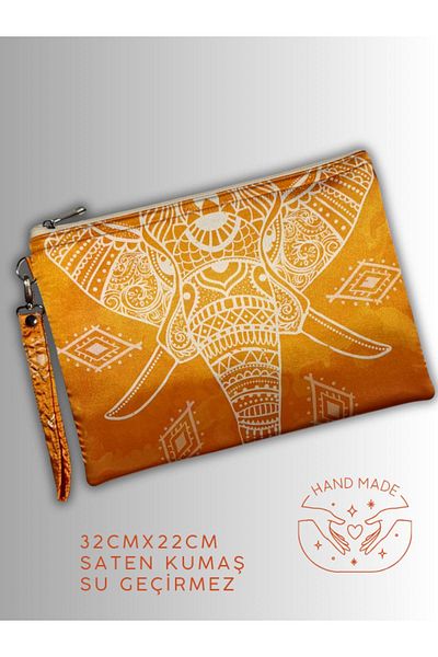 POZİTİF MRK Women's Orange Bag Clutch Portfolio Elephant Patterned