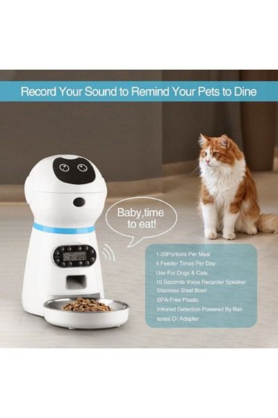 Kardett Automatic cat and dog feeder 3.5L, programmable pet feeder dispenser, voice message, stainless steel bowl, white