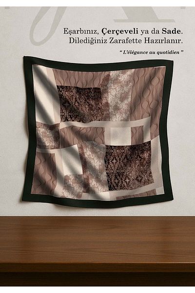 DESENİX Vintage Patch Patterned Scarf |   Cream & Coffee Blocks |   90X90 - 100X100Cm |   Shiny Satin