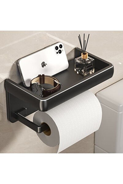 Kardett Suport Hartie Igienica cu Raft Telefon, Negru, Montaj Lipire sau suru...