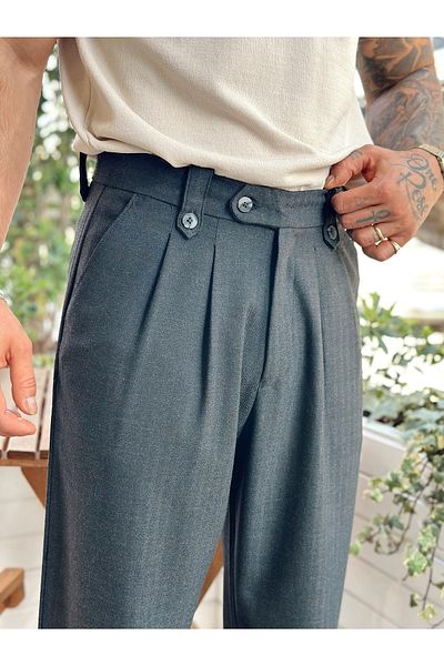manch collection Belt Detailed Baggy Pleated Fabric Trousers Anthracite