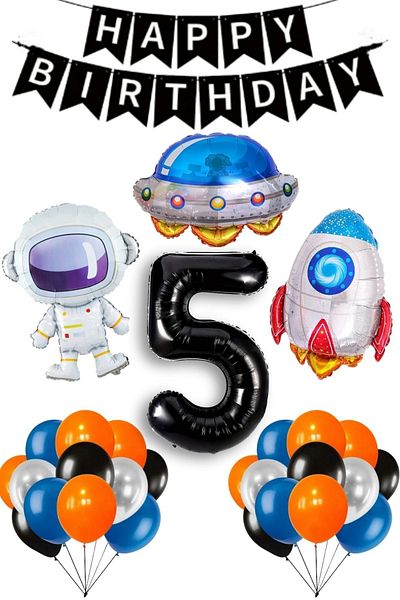 PARTİAVM 5 Year Old Astronaut Birthday Rocket Galaxy Spaceship Themed Birthday Full Set with Black Number Balloons