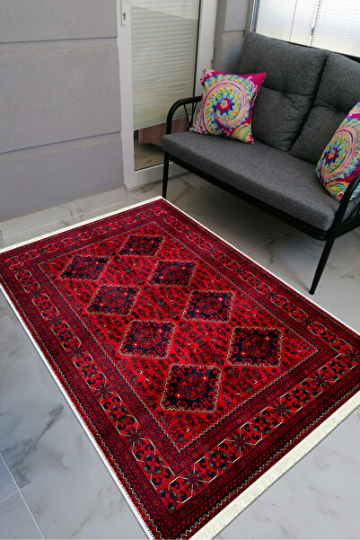 CENTER AVM Vintage Kırmızı Halı Mutfak Halısı Makinede Yıkanabilir Kaymaz Taban Halı