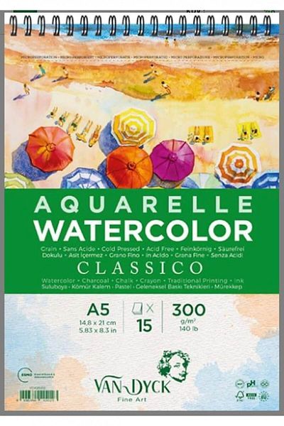 Van Dyck A5 Coldpress Classico Textured - 15 ورقة كتلة ألوان مائية مع حلزون علوي