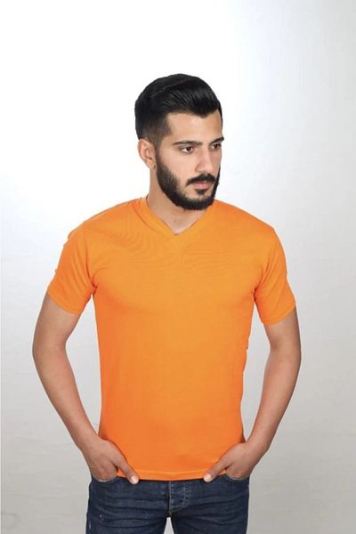 Zeta Group Short Sleeve V-Neck Plain Casual Style 100% Cotton Clothing T-Shirt Orange - Orange - Ilc2.Utdshxrtr-Tur-Yet