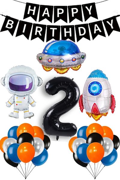 PARTİAVM 2 Year Old Astronaut Birthday Rocket Galaxy Spaceship Themed Birthday Full Set with Black Number Balloons