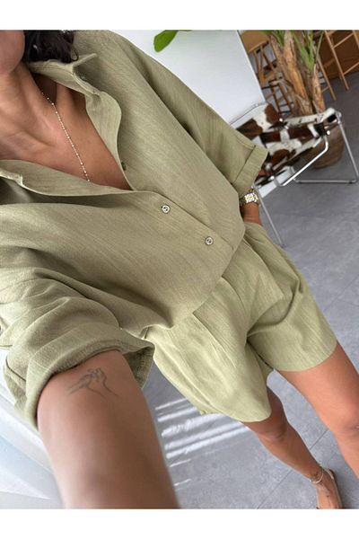 Ecenin Favorileri Green Linen Shirt Pants Women's Set