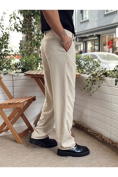 manch collection Pantaloni largi din țesătură plisată cu detaliu curea crem