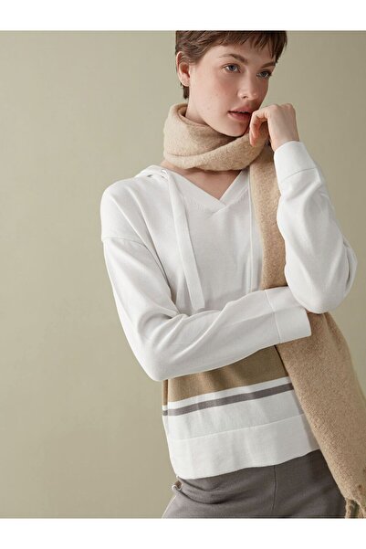 LC Waikiki Lcwaikiki Classic White Hooded Color Block Oversize Women's Knitwe...
