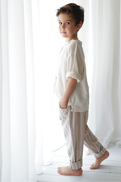Catz Kids Boy's Beige Ecru Line Linen Trousers + Cream Cotton Viscose Yarn Shirt