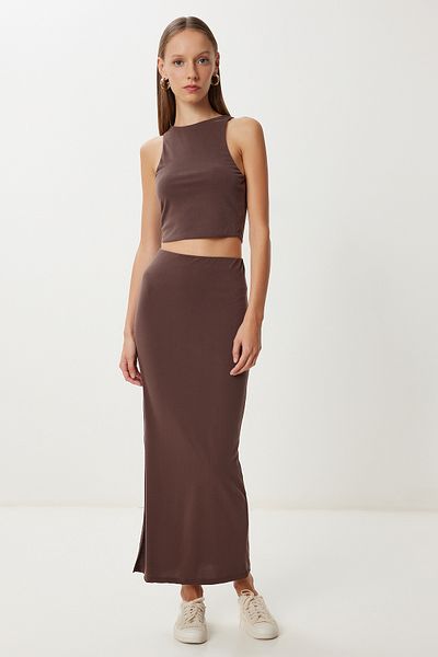 Lovelyİstanbul Blouse Skirt Modal Suit Lub0186 Brown