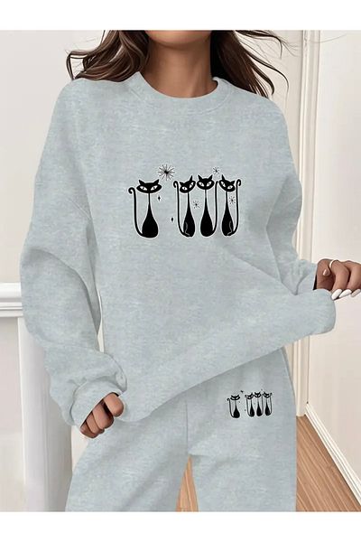 FUFLUNS Cat Printed Unisex Oversize Circle Neck Bottom/Upper Tracksuit Set