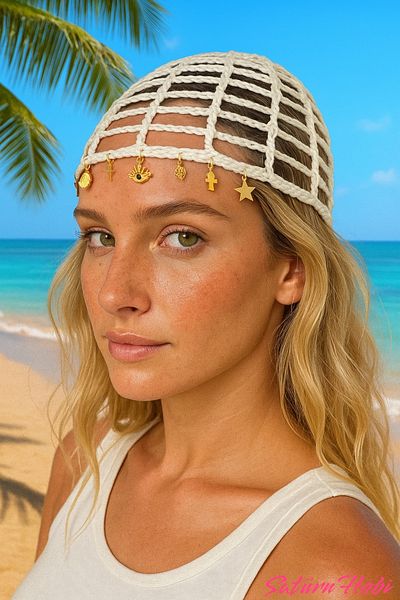 Satürn Hobi Knitted Bohemian Gold Charm Detailed Ecru Mesh Hat & Bandana & Buckle & Hair Accessory