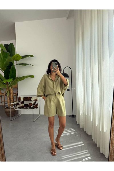 Ecenin Favorileri Green Linen Shirt Pants Women's Set