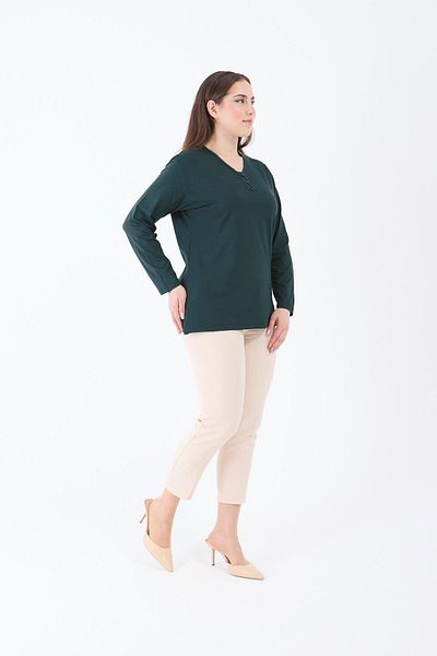 Ravencia Women's Middle Age and Above V-Neck Lycra Emerald Mother Combed Cotton Blouse