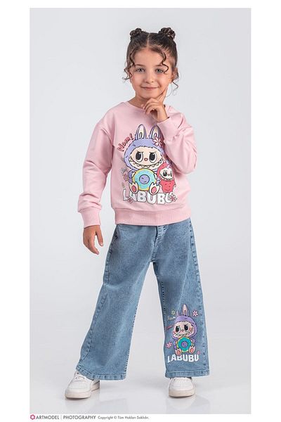 LİLLYPİCCA Girl's 2-Piece Set Printed Sweatshirt Wide Leg Jeans with Elastic Waist
