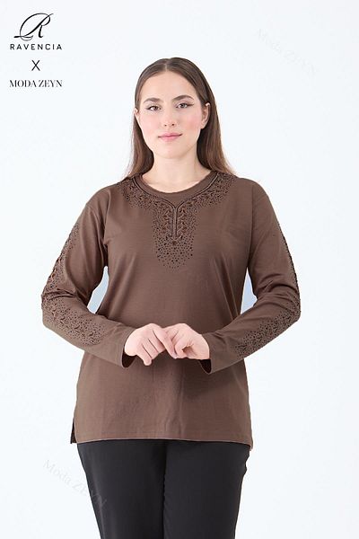 Ravencia Women's Middle Age and Above Viscose Stripe Flower Pattern Stone Embroidered Lycra Dark Brown Mother Combed Cotton B