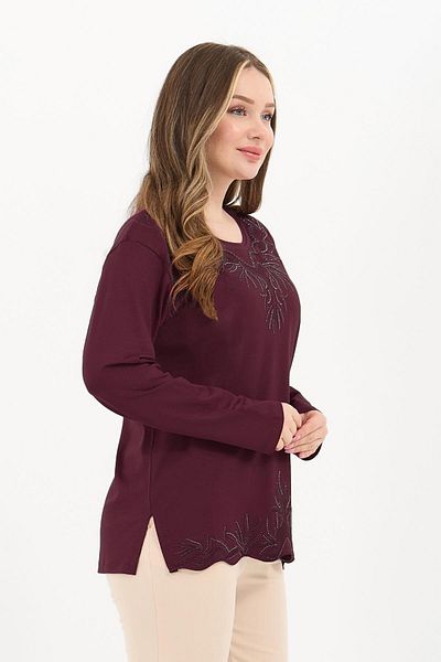 Ravencia Women's Middle Age and Above Viscose Collar Skirt Stone Embroidered Lycra Dark Claret Red Mother Combed Cotton Blouse