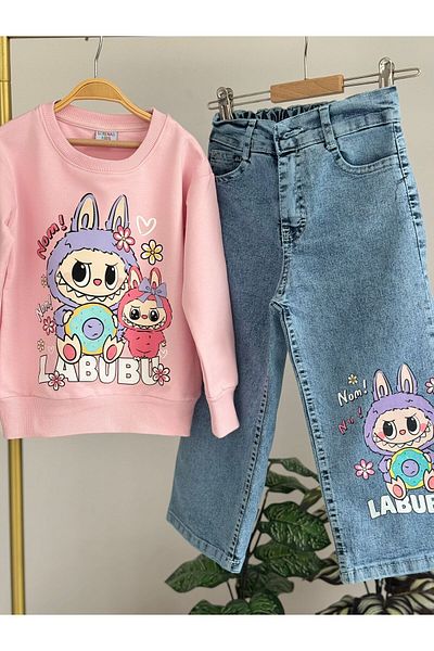 LİLLYPİCCA Girl's 2-Piece Set Printed Sweatshirt Wide Leg Jeans with Elastic Waist