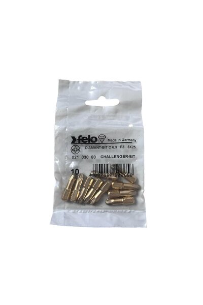 FELO Set of 10 Felo bits, Pozidrive profile diamond series, C6.3, PZ3, 25mm
