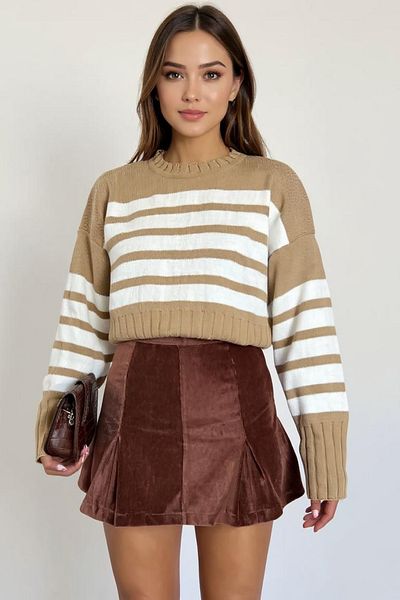 sole stories Camel Women's Oversize Cut Crop Crew Neck Striped Long Sleeve Knitwear Sweater