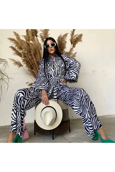 MADAME MELEK Loose Leg Pants Blouse Suit Zebra Pattern Kimono Suit