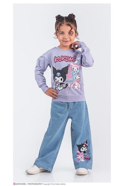 LİLLYPİCCA Girl's 2-Piece Set Printed Sweatshirt Wide Leg Jeans with Elastic Waist