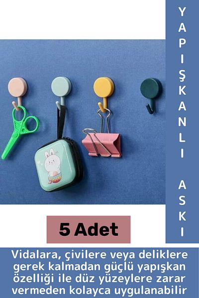 Wintoup No Marks No Mounting Required Kitchen Bathroom Home Office Self Adhesive Colorful Wall Hanger 5Pcs