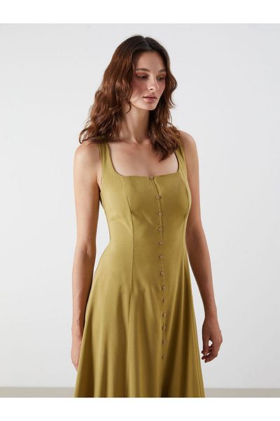 LC Waikiki Quality Parts from Celebi Store |   Khaki Square Collar Linen Blend Dress