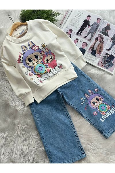 LİLLYPİCCA Girl's 2-Piece Set Printed Sweatshirt Wide Leg Jeans with Elastic Waist