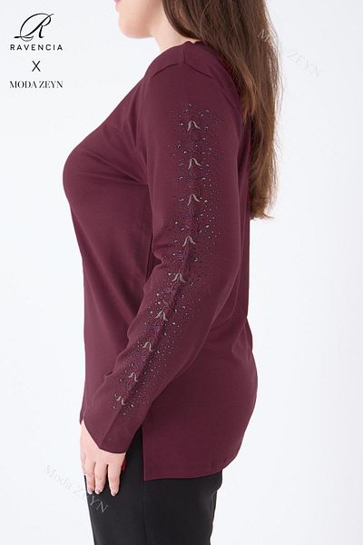 Ravencia Women's Middle Age and Above Viscose Stripe Flower Pattern Stone Embroidered Lycra Dark Claret Red Mother Combed Cotton Blouse