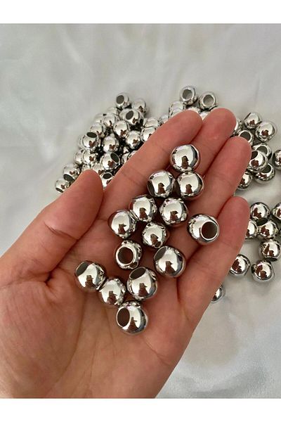 312 KONSEPT 50 Pieces of 12 mm Big Hole Silver Color Metallic Beads