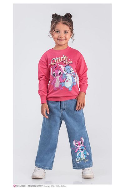 LİLLYPİCCA Girl's 2-Piece Set Printed Sweatshirt Wide Leg Jeans with Elastic Waist