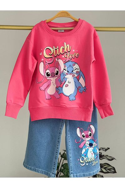 LİLLYPİCCA Girl's 2-Piece Set Printed Sweatshirt Wide Leg Jeans with Elastic Waist