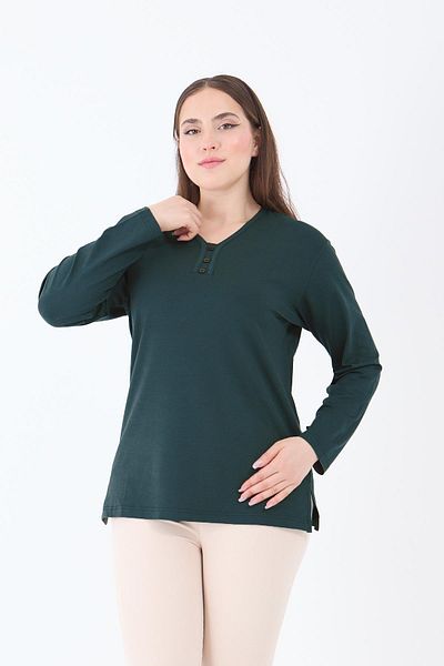 Ravencia Women's Middle Age and Above V-Neck Lycra Emerald Mother Combed Cotton Blouse