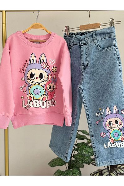 LİLLYPİCCA Girl's 2-Piece Set Printed Sweatshirt Wide Leg Jeans with Elastic Waist