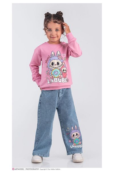 LİLLYPİCCA Girl's 2-Piece Set Printed Sweatshirt Wide Leg Jeans with Elastic Waist