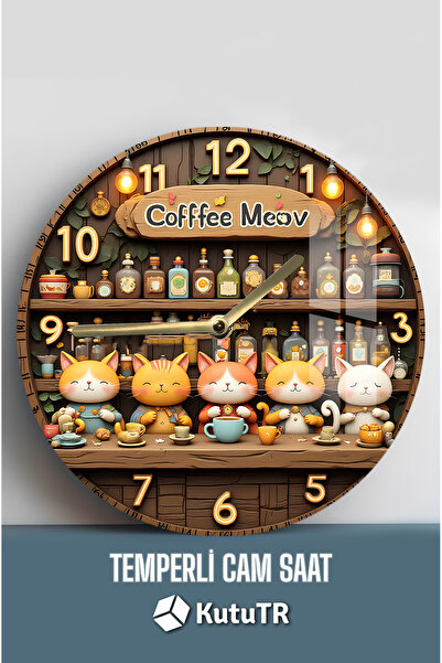 kutuTR Coffee Meow 3D Görünümlü Temperli Cam Saat – 33 cm CSDW360