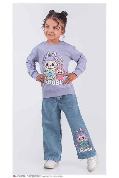 LİLLYPİCCA Girl's 2-Piece Set Printed Sweatshirt Wide Leg Jeans with Elastic Waist