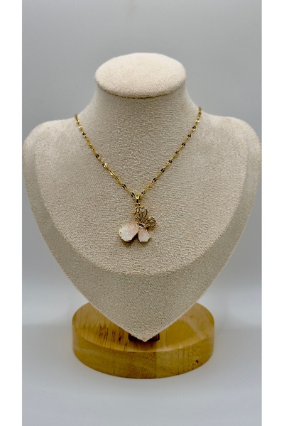 SK aksesuar Pembe Kuvars Taşlı Kelebek Uçlu Çelik Kolye