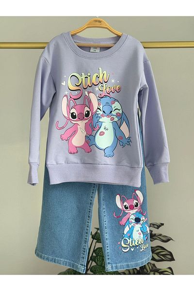 LİLLYPİCCA Girl's 2-Piece Set Printed Sweatshirt Wide Leg Jeans with Elastic Waist