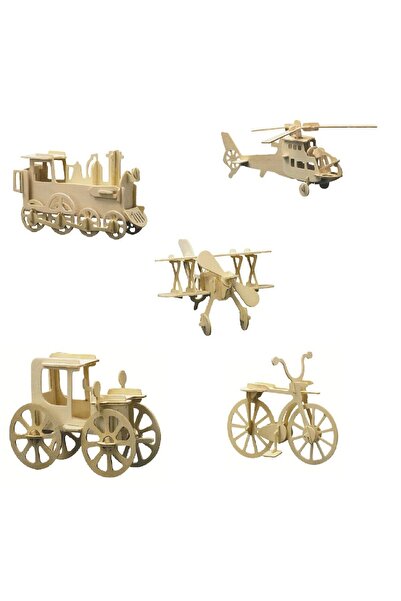 Pebaro 850, Kit of 5 wooden constructions, bicycle, locomotive, airplane, vintage car and helicopter
