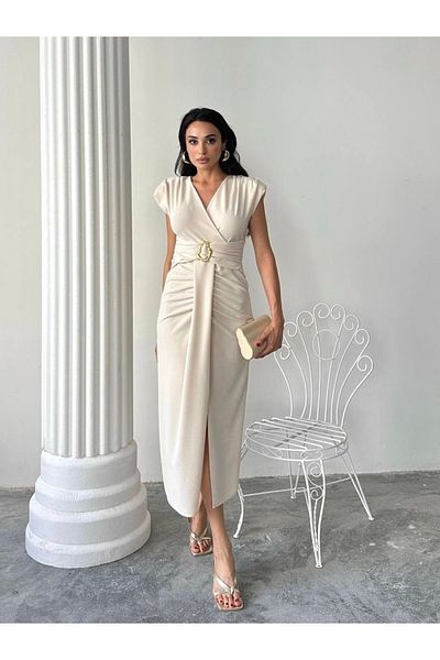 Afiş Butik Beige Double Breasted Collar Gold Detailed Draped Slit Dress