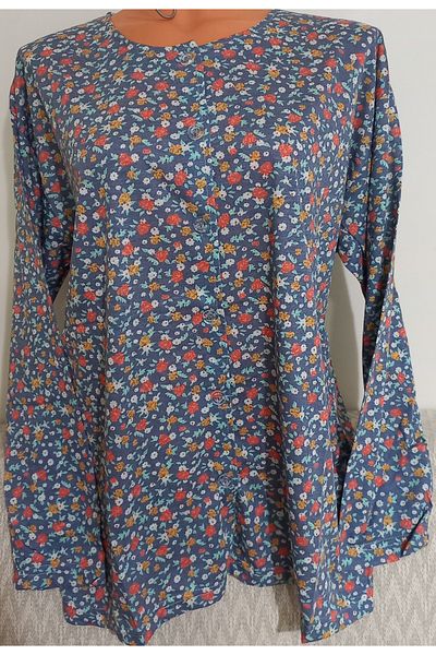 Anne Er Clothing Paper Print Combed Cotton Blouse Button Crew Neck Print